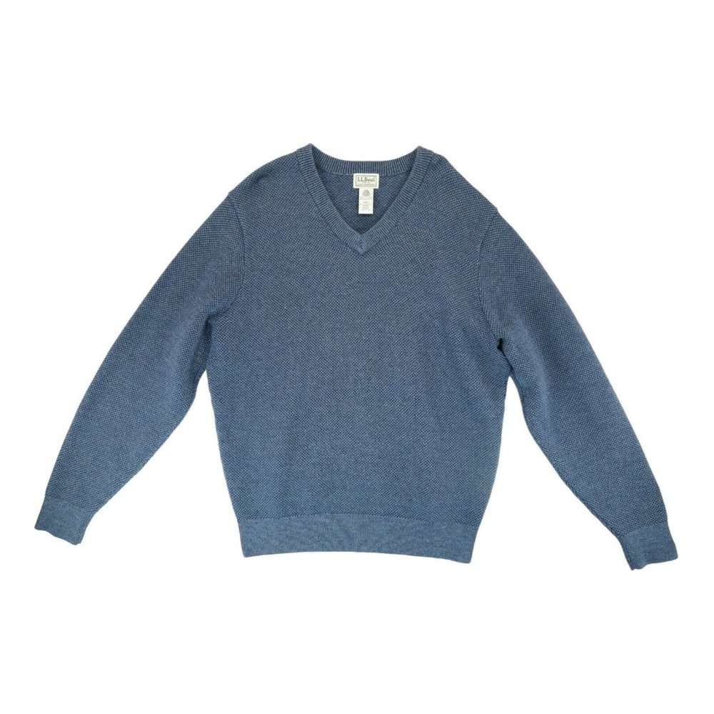LL Bean Sweater Men's Medium M Blue Merino Wool V-Neck Pullover Long Sleeve